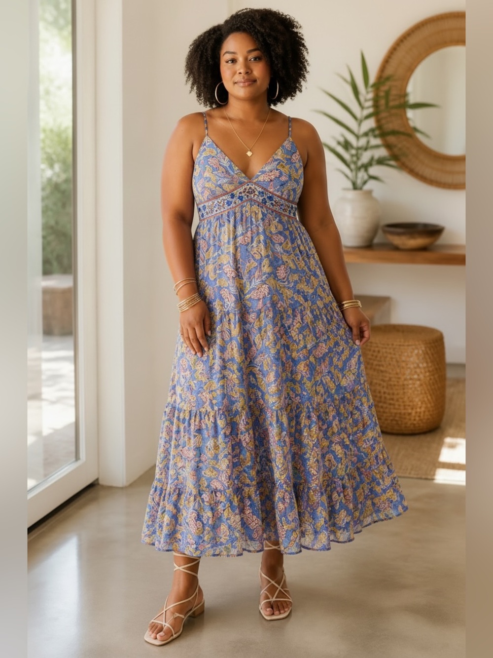 Anthropologie Vineyard Tiered Maxi Dress Floral Paisley Boho Festival 12 Beaded
